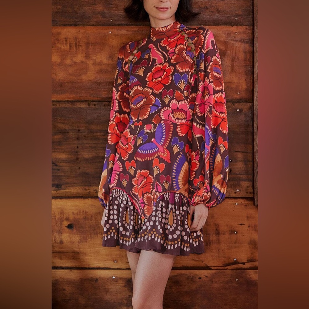 Farm Rio Brown Bright Flora Long Sleeve Mini Dress